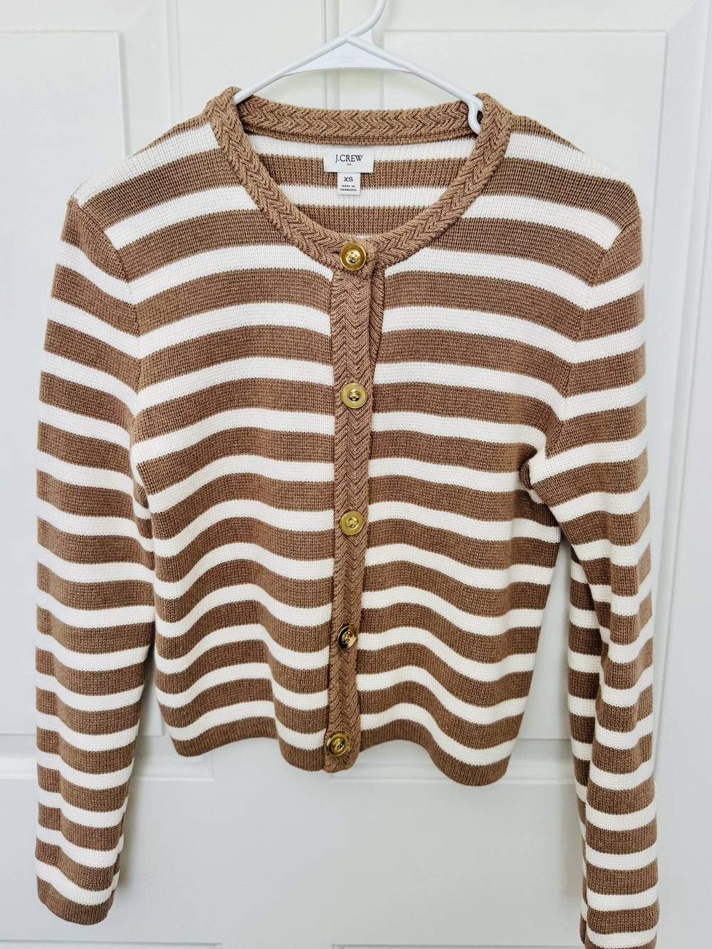 J. Crew Cream and Brown Striped Button-Front Cardigan